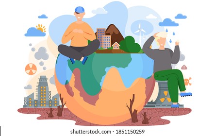 Young male characters sitting on the globe standing on ground with cracks, environmental pollution theme with stumps of cut trees to build cities, factories pollute the air with smoke flat vector