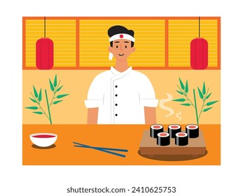 Young male chef with uniform and head band symbol is in a restaurant kitchen, making traditional Japanese sushi. Character design. Vector flat illustration