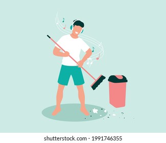 Young male cleaning house using broom and emptying the trash while listening to music using headphone flat vector concept