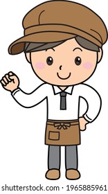 A young male clerk at a cafe or general store showing a fist