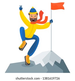 ?heerful young male climber happily bounces on the top of a mountain. Achievement of results, success, victory in competitions. Flat Vector Cartoon Character On White Background.