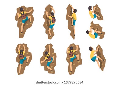 Young male climber in protective helmet climbing rock mountain set, extreme sport and leisure activity concept vector Illustrations on a white background