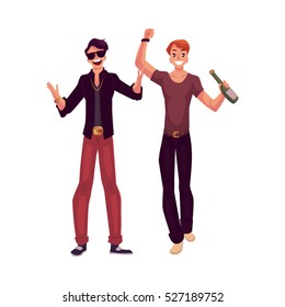 Young male clubbers having fun in nightclub, at party, cartoon vector illustration isolated on white background. Two guys, boys, men, party animals entertaining in nightclub, nightlife concept