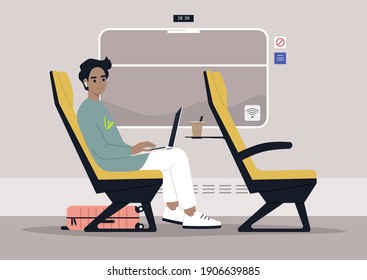 Young Male Commuter Rides A Train Next To A Window, Modern Lifestyle And Travel