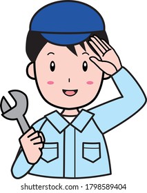 Young male contractor saluting with a spanner (upper body)