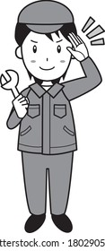 A young male contractor with a spanner saluting (whole body)