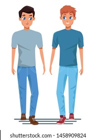 Young male couple smiiling and walking cartoon isolated vector illustration graphic design