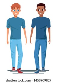 Young male couple smiiling and walking cartoon isolated vector illustration graphic design