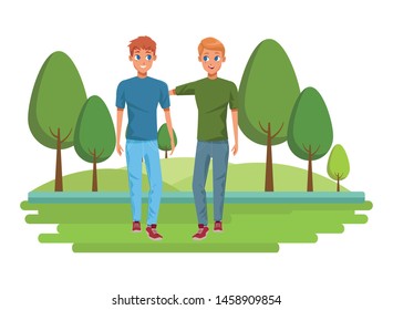Young male couple smiiling and walking cartoon outdoors nature park with landscape background vector illustration graphic design