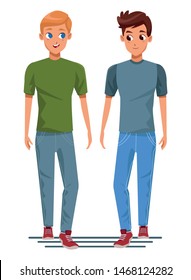 Young male couple smiiling and walking cartoon isolated vector illustration graphic design