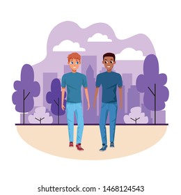 Young male couple smiiling and walking cartoon in the park vector illustration graphic design