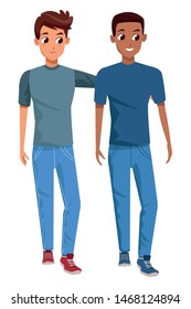 Young male couple smiiling and walking cartoon isolated vector illustration graphic design