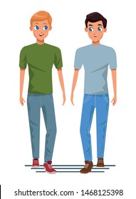 Young male couple smiiling and walking cartoon isolated vector illustration graphic design