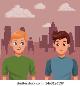 Young male couple smiiling and walking cartoon in the city urban background ,vector illustration.