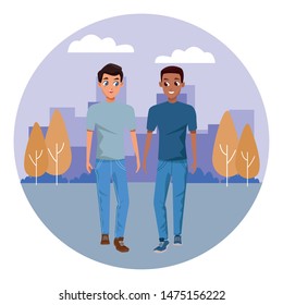 Young male couple smiiling and walking cartoon in the city park with cityscape background vector illustration graphic design