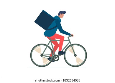 Junge männliche Kurierfirma mit Rucksack Rad fahren und Waren und Nahrung Paket. Schnellfahrer-Öko-Lieferservice. Einzeln flache EPS-Vektorgrafik