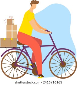 Young male courier with packages delivery cycling urban service. Online shopping and bicycle courier efficient transportation vector illustration.