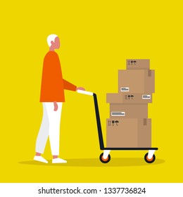 Young male courier rolling a pushcart. Cargo. Delivery service. Flat editable vector illustration, clip art