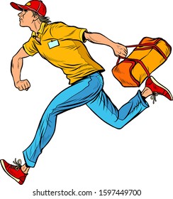 Young male courier runs with delivery. Pop art retro vector illustration vintage kitsch 50s 60s