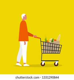 Young male Customer. Grocery store. A client buying groceries at the supermarket. Daily life. Flat editable vector illustration, clip art