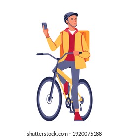 Young male cyclist with courier delivery bag using mobile phone on street. Courier in yellow jacket delivering food on a bicycle, checking order with a smartphone using map. Flat vector illustration.