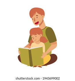 Young Male Dad Sitting with His Daughter and Reading Book Vector Illustration