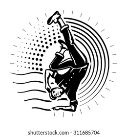 Young male dancer stands on a hand. Illustration in the engraving style