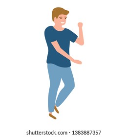 Young male is dancing at dance party. Smiling young man performs dance moves. Isolated Vector Illustration