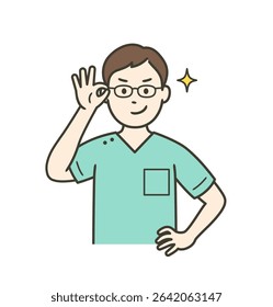 A young male dentist pushing up his glasses and smiling with confidence