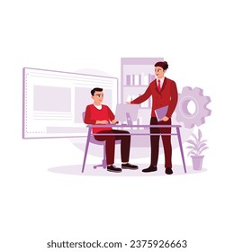 Young male designers discuss computer languages, and a designer explains web code to another designer. Computer Programming concept. Trend Modern vector flat illustration