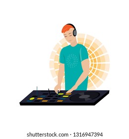 Young Male DJ With Red Hair And Hands On Desk Mixing Music Turntable Needles On Yellow Light Chaser Background