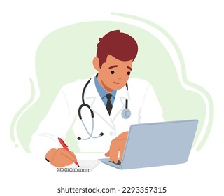 Personaje De Médico Masculino Joven Con Portátil En El Escritorio, Utilizando Tecnología Moderna Para El Cuidado De Los Pacientes. Enfoque Profesional, Eficiente Y Tecnológico De La Práctica Médica. Ilustración de vectores de personas de caricatura