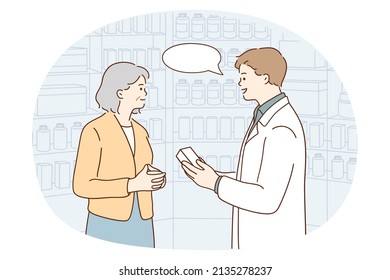 Young male doctor consult old woman buying meds in drugstore. Caring smiling man talk sell medications to mature female patient in apothecary. Medicine and healthcare. Vector illustration. 