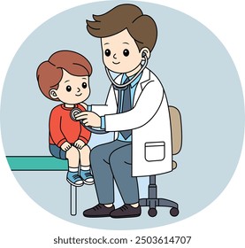 Young male doctor examining a child patient with a stethoscope in a clinic