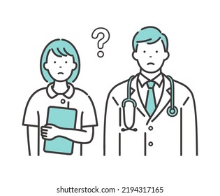 Young male doctor and female nurse. Questioning expression.