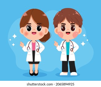 Young male doctor and young female doctor point finger healthcare and medical concept drawn cartoon art illustration