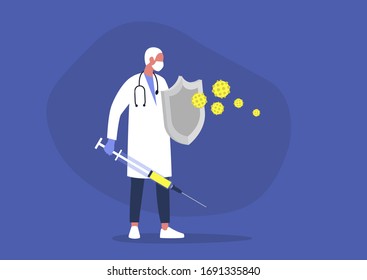 Young male doctor fighting the virus with a sword and shield, healthcare, the immune system, vaccination