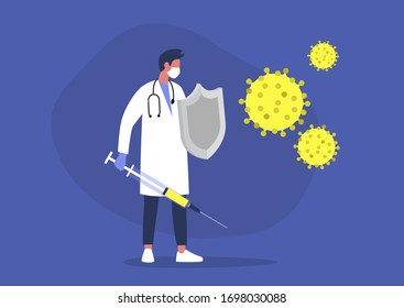 Young male doctor fighting the virus with a sword and shield, healthcare, the immune system, vaccination