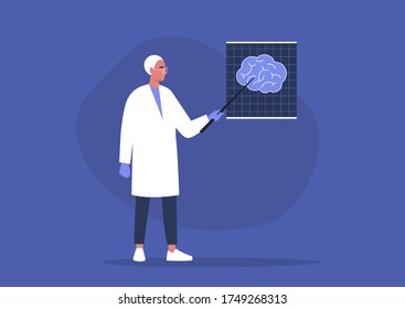 A young male doctor pointing at the x-ray image of human brain, cognitive science