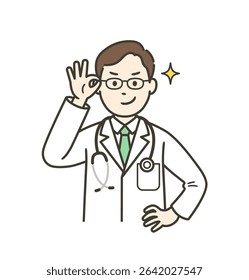 A young male doctor pushing up his glasses and grinning with confidence