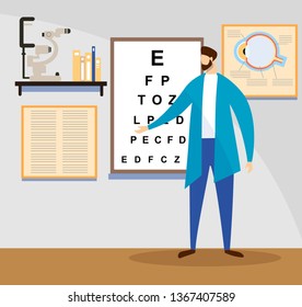 Young Male Doctor Stand at Sight Check Board for Vision Test Pointing on Letters. Medical Ophthalmologist Eyesight Check Up. Ophthalmology Tool for Optometry Room. Cartoon Flat Vector Illustration.