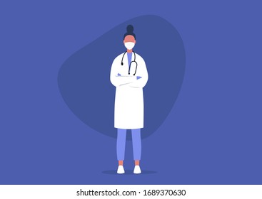 Young male doctor standing with crossed arms, professional help, medical uniform, health care concept