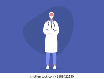 Young male doctor standing with crossed arms, professional help, medical uniform, health care concept