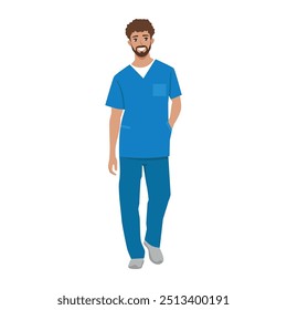 Jovem médico do sexo masculino de pé com a mão em uniforme de esfoliação. Ilustração de caractere de vetor plano