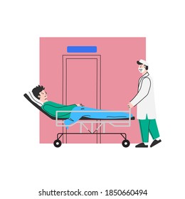 A young male doctor takes the patient to surgery. The guy lies on a medical bed. Hand-drawn illustration in trendy style