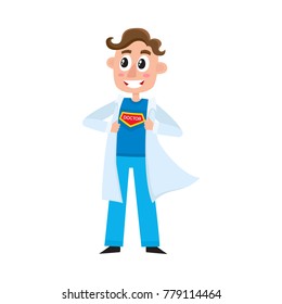 Young male doctor, therapist, intern opening his medical gown and showing superhero symbol on his chest, cartoon vector illustration isolated on white background. Doctor superhero concept