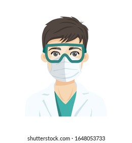 Médico masculino joven que usa la máscara de protección respiratoria n95 y gafas, contra enfermedades infecciosas. Ilustración del vector