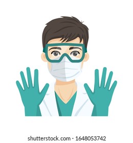 Médico masculino joven que usa la máscara de protección respiratoria n95, gafas y guantes, contra enfermedades infecciosas. Ilustración del vector