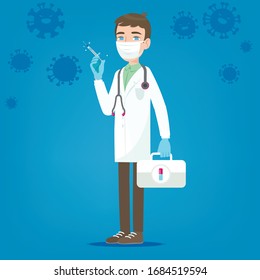 A young male doctor wearing a robe and a mask holding a syringe with the vaccine. The concept of protection against coronavirus.
