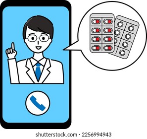A young male doctor wearing a white coat is prescribing medicine through online medical treatment on a smartphone